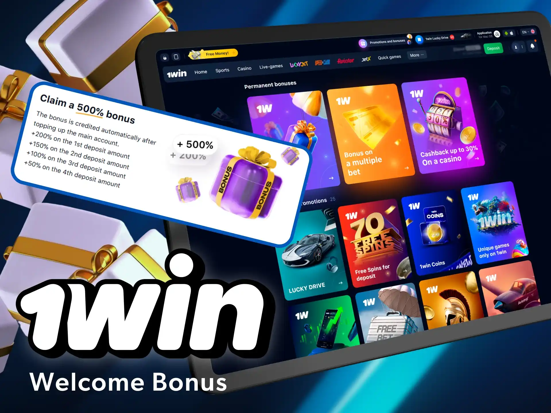 Get your welcome bonus on the first four deposits at the 1win online casino.